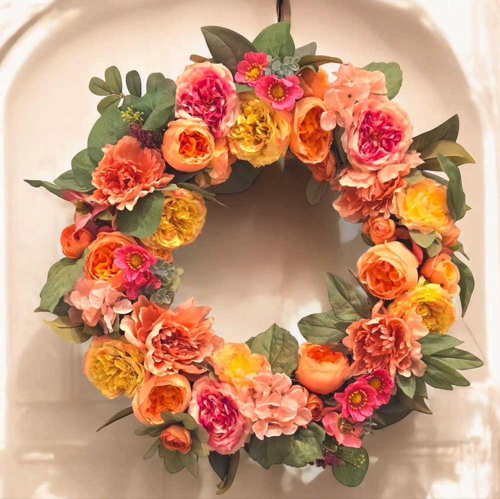 Peach and Pink Mixed Peony and Hydrangea Grapevine Door Wreath